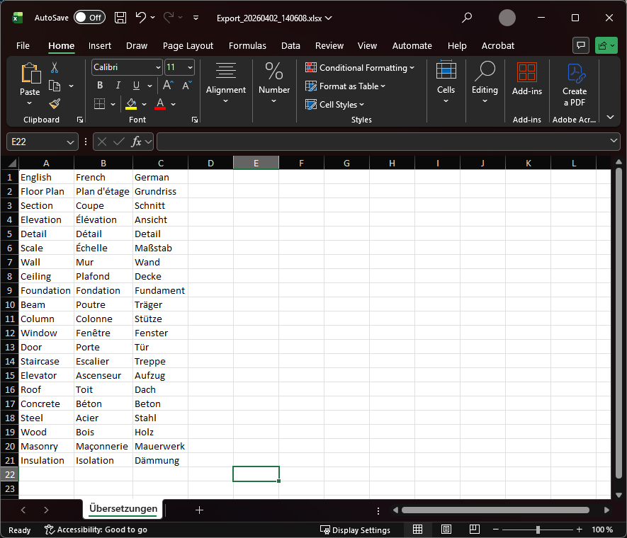 Ejemplo del formato de Excel